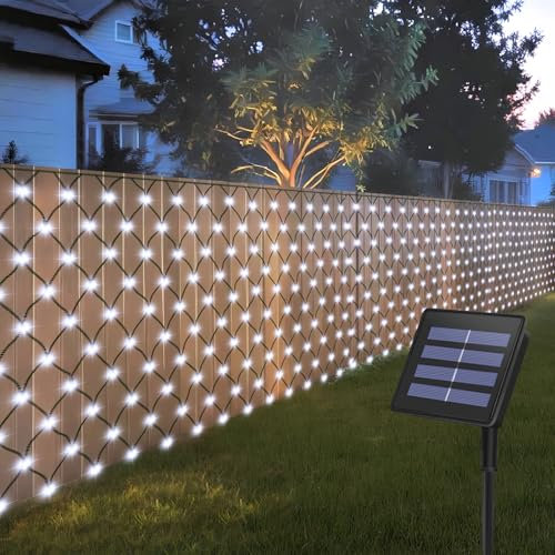 CCILAND Red de luces solar para exteriores, 3 x 2 m, 200 LED, red con 8 modos, red de luces solares para exteriores, resistente al agua, para arbustos, jardín, cenador, balcón, Navidad, color blanco