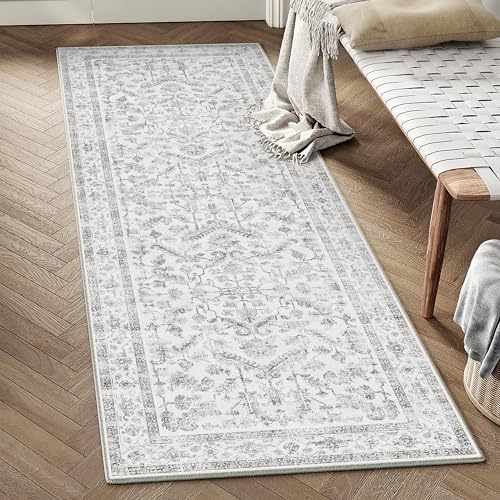PureCozy Vintage Grauer Teppich Läufer Flur 60x180cm Waschbar | Waschbarer Teppich, Weich Rutschfest, Kurzflor Boho, für Schlafzimmer Büro Küche Flur, Langer Teppichläufer