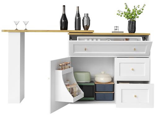 I0I&I0I Ausziehbarer Bartisch mit Stauraum 138-204×39×105cm, Küchenschrank, Sideboard mit Snackregal, Teleskopischer Hochtisch, Stehtisch Bistrotisch Kücheninsel, MDF & Metall (Weiß)