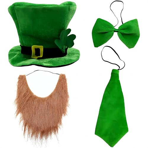EduPlayte 4 Stück St. Patrick's Day Kostüm Set - Hut, bart, Krawatte, Fliege - Perfekt für irische Feiern - Irland, St. Patricks Day, Glücksbringer, Karneval, Mottoparty