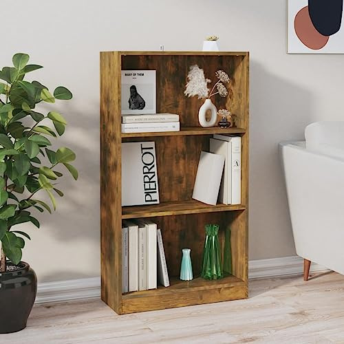 mtlskopl 60 x 24 x 109 cm Étagère à livres moderne sur pied avec 3 compartiments en bois dérivé du bois Chêne fumé Porte-livre stable pour salon, chambre à coucher, bureau