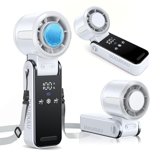 duludulu Hand Held Fan with Ice Cooler, Portable USB Rechargeable Turbo Fans, Personal Mini Handheld Fan 5 Speeds Led Display Foldable Small Fans for Home Office Travel (White)
