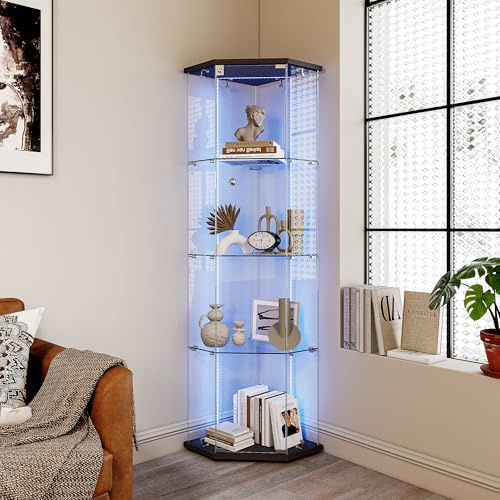 Vetrina in vetro LED, 162 x 60 x 40 cm, vetrina in vetro con serratura a LED e porta, 4 ripiani, vetrina ad angolo, vetrina trasparente, grande vetrina da collezione, per soggiorno e bar