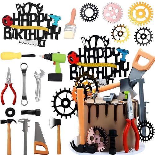 Kit de décoration de gâteau, 20 pièces, outils pour gâteau d'anniversaire, tournevis, rouleau, scie à main, pince, articles de décoration de clés, décoration de fête d'anniversaire pour enfants, fête
