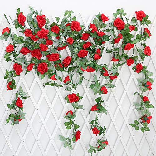 JUSTOYOU 2 Pack 7.2ft Künstliche Fake Rose Girlande Reben Hängende Seide Blumen für Outdoor Indoor Hochzeit Wand Badroom Dekoration (Rot)
