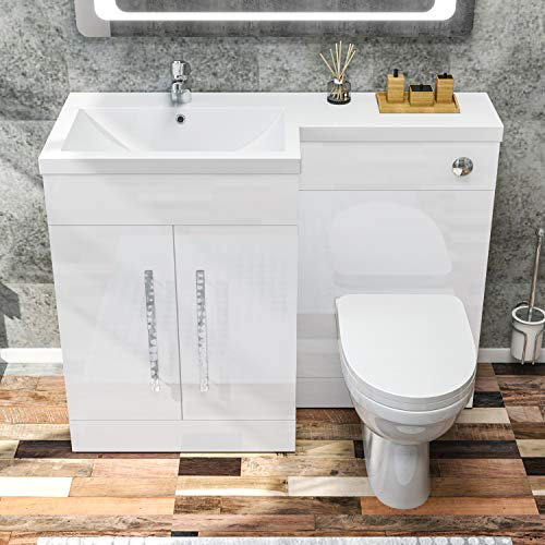 ELEGANT 1100mm L Shape Bathroom Vanity Sink Unit Furniture Storage,Left Hand High Gloss White Vanity unit + Basin + Ceramic D shaped Toilet with Concealed Cistern