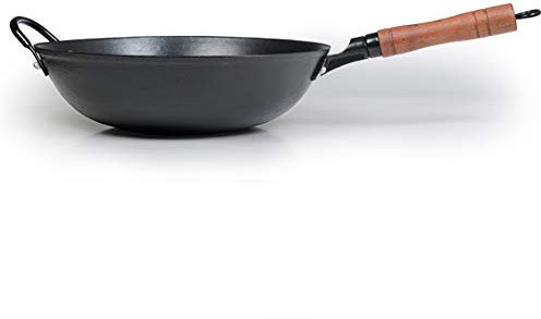 臻三环 ZhenSanHuan Woks en fonte et sauteuse sans revêtement, compatible avec l'induction, fond plat (32 cm)