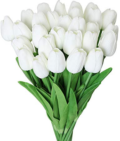 Kisflower 30Pcs Fiori artificiali di tulipani Tulipani finti Bouquet Real Touch Flowers for Decor (bianco)