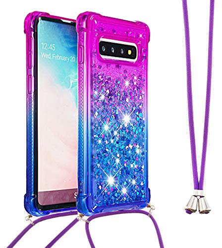 Handykette Handyhülle für Samsung Galaxy S10 Hülle,Glitzer Quicksand kreatives Fließende Flüssigkeit schwimmt Silikon Case mit Umhängeband Handykordel Band Kette für Galaxy S10,YB GS Purple Blue