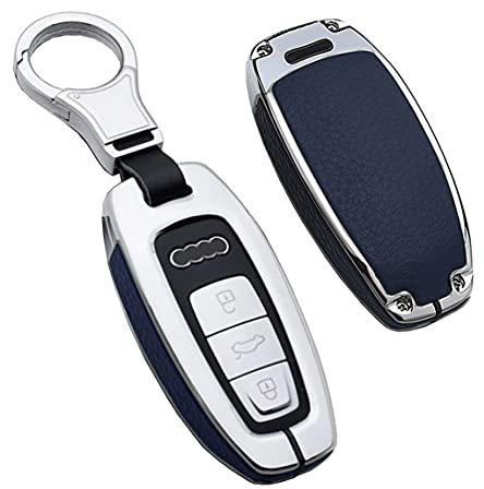 HIBEYO Coque de clé de Voiture Compatible avec Audi A6 A7 A8 Q7 Q8 E-Tron 3 Boutons Housse de clé de Voiture en Cuir Boîtier de clé Smart Clé Accessoires de Voiture Argenté/Bleu