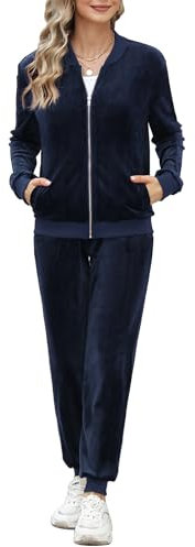 Irevial Zweiteiler Trainingsanzüge Damen Hausanzug Velours Warme Freizeitanzug Nicki Sportanzug für Frühling Herbst Winter Navy Blau XXL