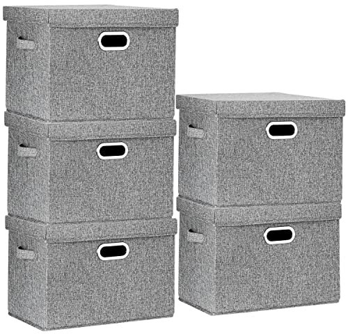 TYEERS Aufbewahrungsbox mit Deckel Groß, Stoff, Faltbare, Waschbare, Kisten Aufbewahrung mit Deckel, 44x30x29 cm, 5-Stück, Grau
