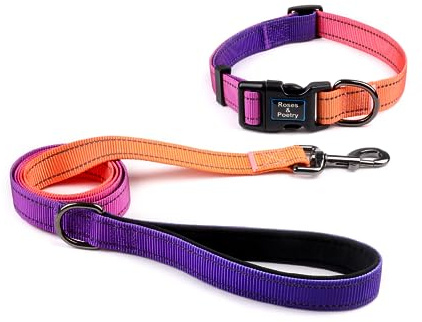 Roses&Poetry Reflective Dog Collar and Lead Set for Medium Dogs, Purple Nylon Dog Leads and Collars Combo, Adjustable Durable Pet Matching Collar Leash, for Walking, Playing, Training（Mistyrose-M)