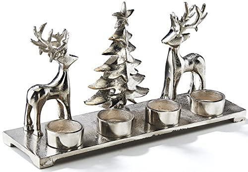 Kobolo Kerzenhalter Teelichthalter -Weihnachtsbaum+Rentiere- Metall - Silber - 33x10x17 cm