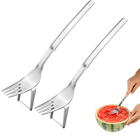 LUTER 2 Piezas Cortador de Sandía, 2 en 1 Fácil Tenedor Cortador de Sandía Acero Inoxidable Tenedor Corte Sandia Herramienta para Cortar Frutas para Fiesta de Verano Camping Familia