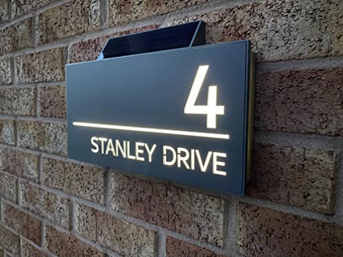 One of a Kind Design UK Personalised Contemporary Solar Light House Sign 305x155MM Personalised Address Number Plate Rectangular House Sign LED Illuminated UV Stable, Black