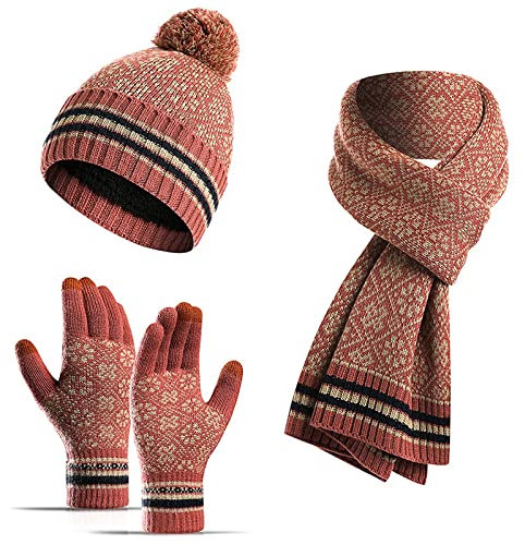 Jarseila Damen Mütze Schal und Handschuhe Set Winter Warme Bommel Beanie Wintermütze Touchscreen Handschuhe Lang Winterschal mit Fleecefutter Geschenk 2024 Rosa