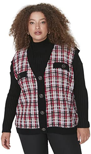 TRENDYOL Damen V-neck Plaid Relaxed Plus Size Sweater, Rot, XXL EU