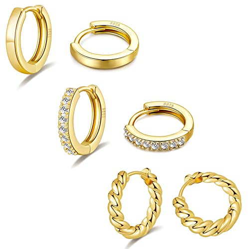 3 Paar goldene Creolen für Damen 14 Karat vergoldete leichte hypoallergene Mini-Creolen mit kleinen goldenen Creolen aus Zirkonia
