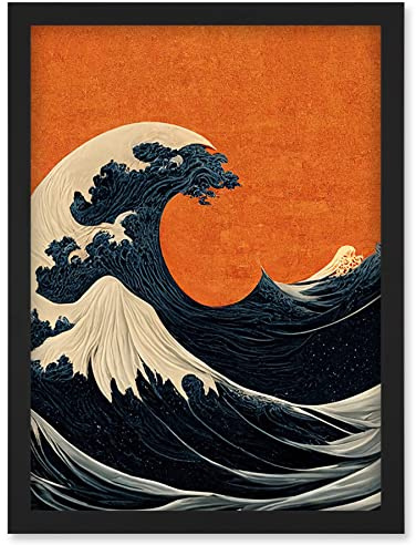 Doppelganger33 LTD Minimalist Orange Sunset Sky Modern Style Of Great Wave Off Kanagawa Artwork Framed Wall Art Print A4