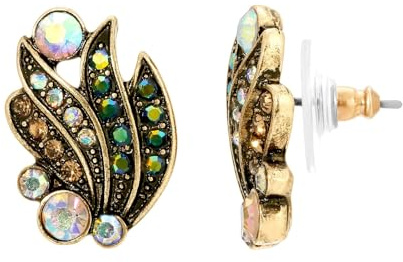 1928 Jewelry Peacock Plumage Art Nouveau Style Multi AB Glass Stone Post Earrings