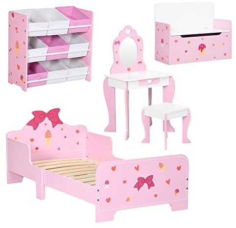 ZONEKIZ 5PCs Kids Bedroom Furniture Set with Bed, Toy Box Bench, Storage Unit, Dressing Table and Stool, Princess Themed, for 3-6 Years Old, Pink