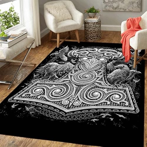 HERENI Wikinger Runen Teppich keltischer Knoten Krähe Kurzflor Teppich für Wohnzimmer Schlafzimmer Esszimmer Kinderzimmer rutschfest Waschbar Verblasst nicht Rechteck Teppiche pflegeleicht 100x150 cm