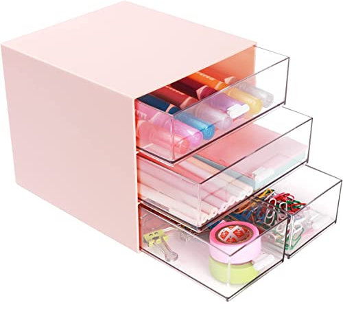 Umtiti Desk Storage, Makeup Storage Box With 4 Drawers, Plastic Office Stationery Supplies Organizers, Desktop Organizer for Office School Home And Bathroom (Pink,UK)
