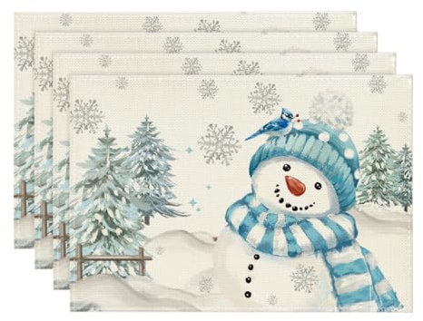 Artoid Mode Blau Schneemann Weihnachten Platzsets 4er Set, 30x45cm Winter Xmas Tischset Waschbar Platzdeckchen Küche Party Deko