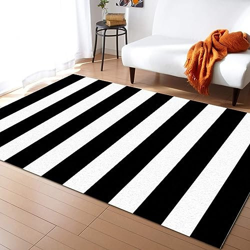 TEMLAN Einfache Schwarz-weiße Streifen Teppiche Gegend, Zebrastreifen Schlafzimmer Kurzflor für Wohnzimmer, Schlafzimmer, Esszimmer Badezimmer Küche Flur Läufer 140 x 200cm