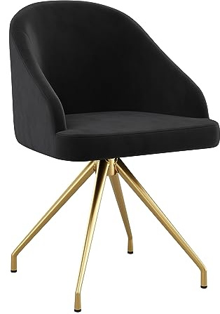 Martha Stewart Sora Stationary Swivel Task Chair with Sloped Arms for Home Office in Black Velvet with Polished Brass Frame
