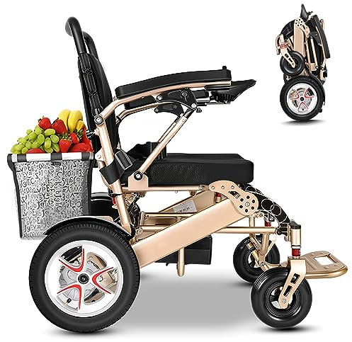 Bueuwe Elektrischer Rollstuhl Elektrisch Faltbar Leicht Elektrorollstuhl mit Einkaufskorb, Elektrische Rollstühle für Erwachsene, Li-Ion Battery 20Ah, Autonomie 25 km, Gold