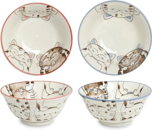 2 Japonais - Ensemble de Bols Chat Porte-Bonheur - Pour Udon, Salade, Nouilles, Miso, Soupe, Petit-Déjeuner, Fruits, Poke, Céréales, Riz