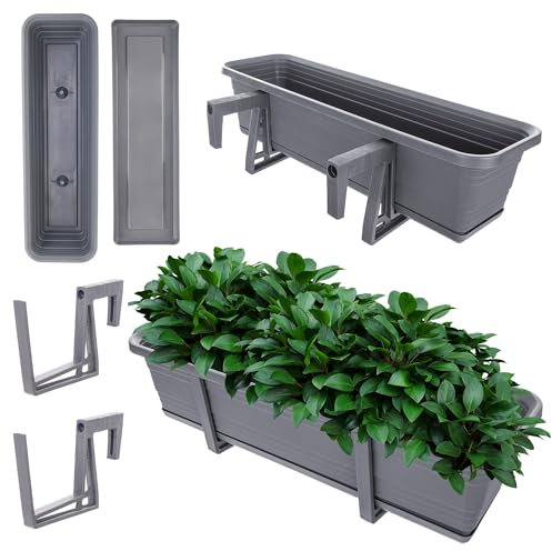 KADAX Jardinière avec soucoupe, avec ou sans supports de jardinière, pot de balcon en plastique, bac à plantes, jardinière de balustrade, pot de fleurs (anthracite, 60 cm + supports), K10027