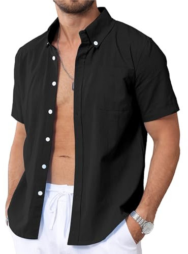 NANAMEEI Chemise d'été en lin pour homme - Manches courtes - Chemise de plage décontractée - Coupe droite - Avec boutonnière, Noir , 3XL