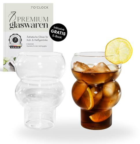 7 O'CLOCK Gläser 2er Set + Getränke Rezept E-Book | Design Bubble Glass Tokyo Two | Trinkgläser Eiskaffeegläser Cocktailgläser Longdrinkgläser Wasser Tee Kaffee | Spülmaschinenfest langlebig | 500ml