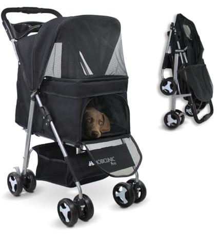 Mobiclinic® Pets Foldable Dog Pram, Up to 15 kg, Ideal for Small Dogs, Pet Stroller, Zuma, Wheels with 360° Brakes, XXL Basket, 3 Windows with Zip and Mosquito Net, Cup Holder (Black)
