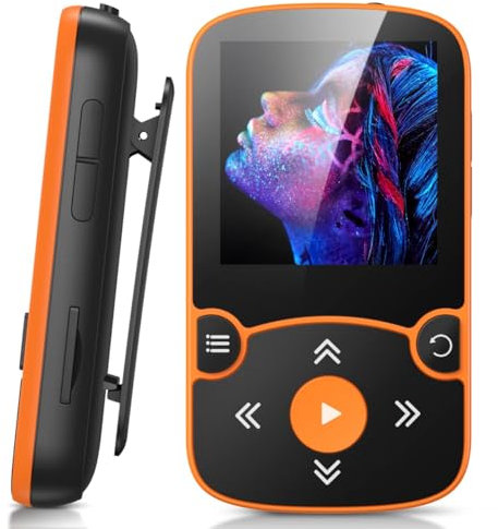 AGPTEK Lettore MP3 da 64 GB con clip, Bluetooth 5.3 senza perdita di suono con radio FM, registratore vocale per corsa sportiva, supporta schede TF fino a 128 GB, arancione