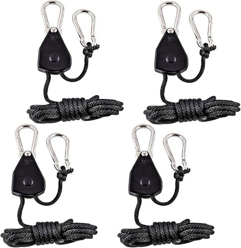 Rope Ratchet Ganci di Corda 2 Coppie, 4 Pezzi Corda da 2m Corda a Cricchetto Regolabili Nylon Corda con Gancio Capacità di Carico 68 kg/Paio per Piante in Vaso, Luci a LED