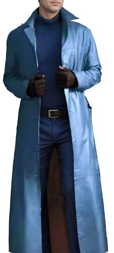 Ledermantel Herren Lang Leder Trenchcoat Slim Fit Revers Lederjacke Einfarbig Long Leather Jacket Windbreaker (Blau,S)