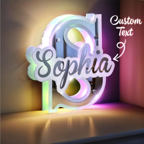 VEELU Personalised LED Acrylic Mirror Letter Initials Night Light, Custom Light Up Letter Mirror, 12 Color LED Light Up Bedroom Wall Decoration, for Mom Friend Wife