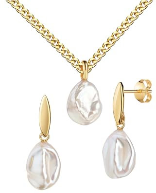 JEVELION Schmuckset Keshi-Perle 2x Ohrstecker + Goldanhänger Gold 585 für Damen.