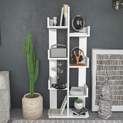 Hanah Home Modern White Bookshelf, 137 cm Height, 50 cm Width, 22 cm Depth | 100% Melamine Coated Particle Board, 18 mm Thickness | Stylish & Functional Storage Solution