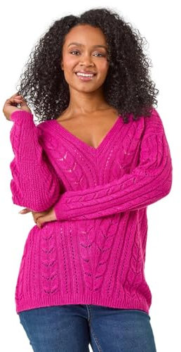 Roman Petite V-Neck Knit Jumper for Women UK - Ladies Everyday Autumn Winter Round Neckline Comfy Soft Evening Vacation Work Party Night Out - Petite Pink - Size 16