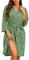 Lovasy Bademantel Damen Waffelpique 3/4 Ärmel Saunamantel Waffelstrick Morgenmantel Weich Leicht Knielang Loungewear mit Gürtel Taschen,Grün,M