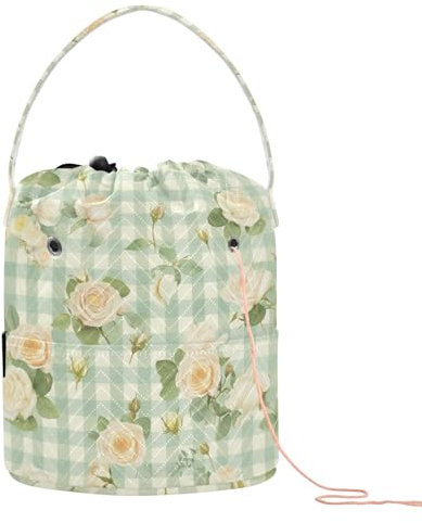 Green Spring Retro Plaids Gelbe Blumen Häkelaufbewahrung Garn Taschen Häkeln mit Löchern Nadelaufbewahrung für Häkeln, Stricken, Häkelrucksack