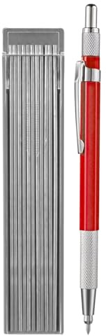 Tracer Pencil – Zimmermannsbleistift, Bau-Bleistift, Bau-Bleistift, Schweißer-Bleistift mit 12 silbernen runden Ersatzminen 2,0 mm, Metallmarker, eingebauter Spitzer für Baufertigung, Holzbearbeitung