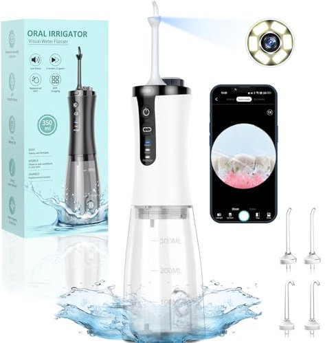 Munddusche Kabellos Visueller Elektrischer Zahnreiniger, VITCOCO 1080P Wifi 350ML Wiederaufladbar Zahndusche, IPX7 Wasserdicht Oral Irrigator, Munddusche Testsieger mit 5 Jet-Tipps, Weiß