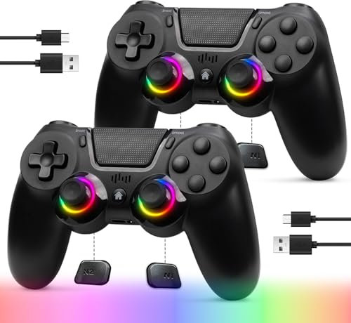 TJPD Confezione da 2 controller per PS4, controller wireless per PS4/Pro/Slim/PC, con 2 pulsanti posteriori e 2 cavi USB-C (nero)