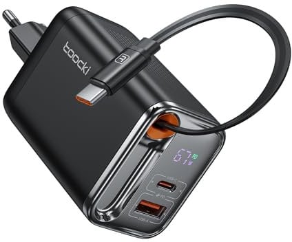 toocki Chargeur USB C 67W, GaN 3-Ports PD3.0 Charge Rapide avec Écran LED, Compact & Léger avec Câble Rétractable pour MacBook Pro iPhone 16 Pro Max Galaxy S24 Switch Laptop